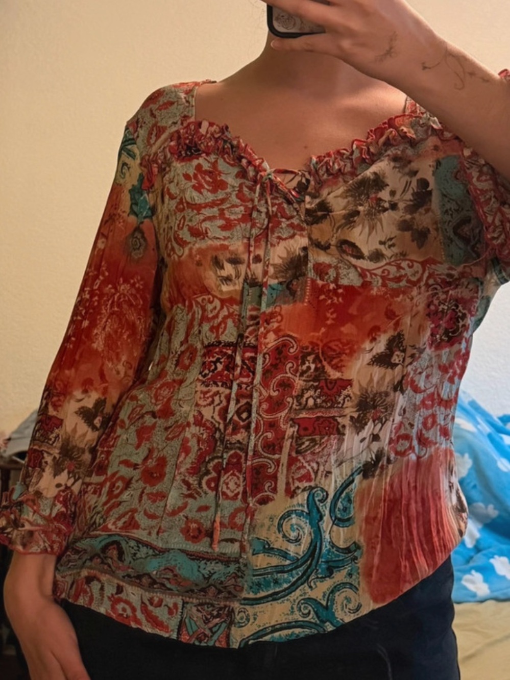 Anthropologie Violet & Clair Boho Floral Patchwork Peasant Top - Rust Multi- Lg
